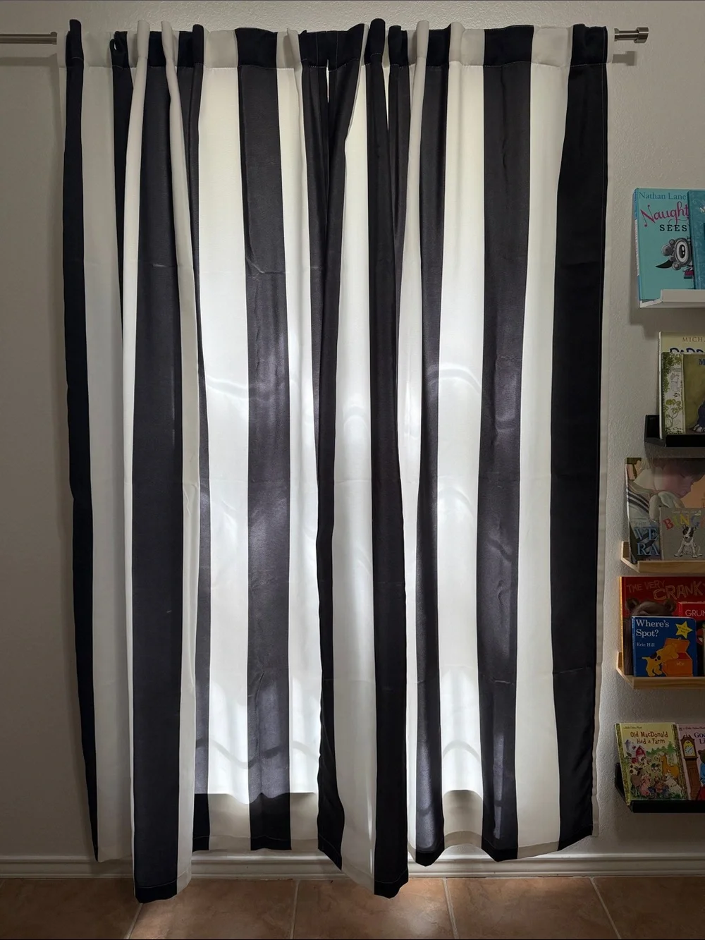 Half Moon Pair of Black and White Vertical Stripe Panel Curtains 52 x 84